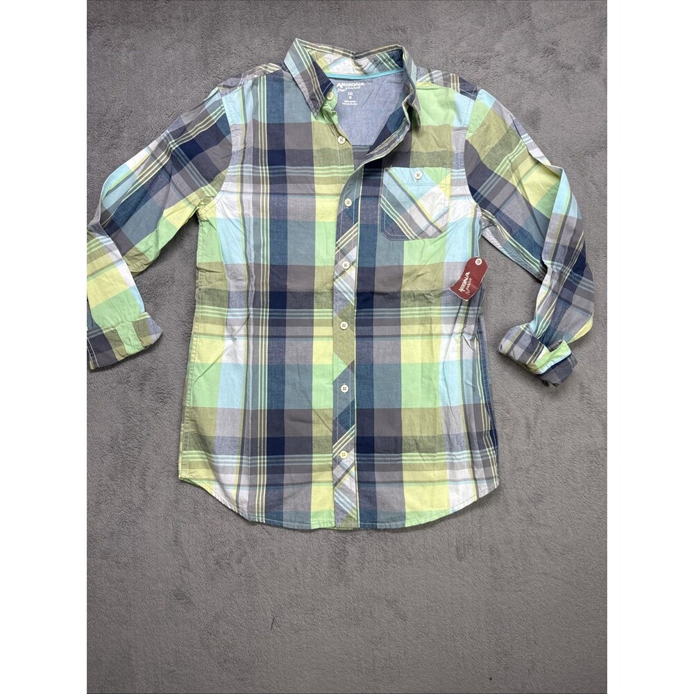Arizona Boys Blue & Green Plaid Long Sleeved Button Front Shirt XXL (18)